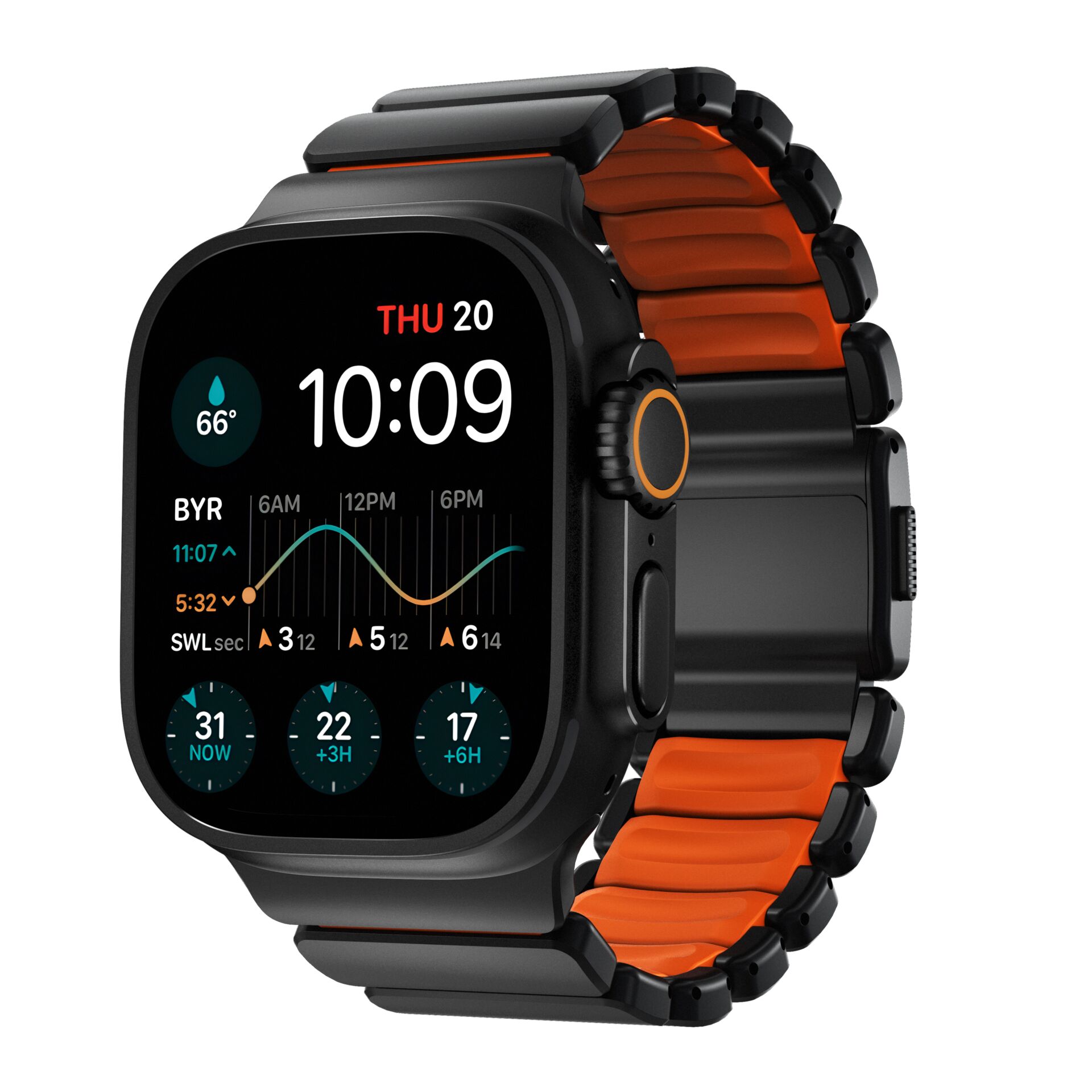 Smartwatch, Digital display, Metal case, Orangene Band, Rechteckige Uhr