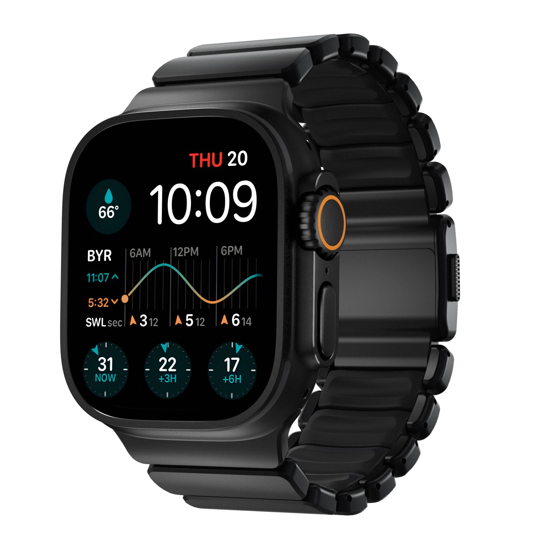 smartwatch, digital display, round rectangle, black, metal band