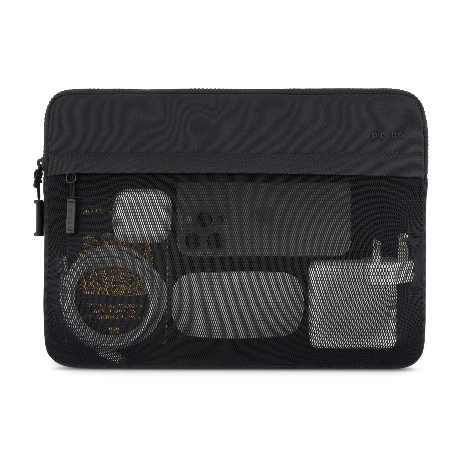 Tech-Tasche, Kosmetiktasche, Mesh-Fach, braune Flasche, Reißverschluss-Case