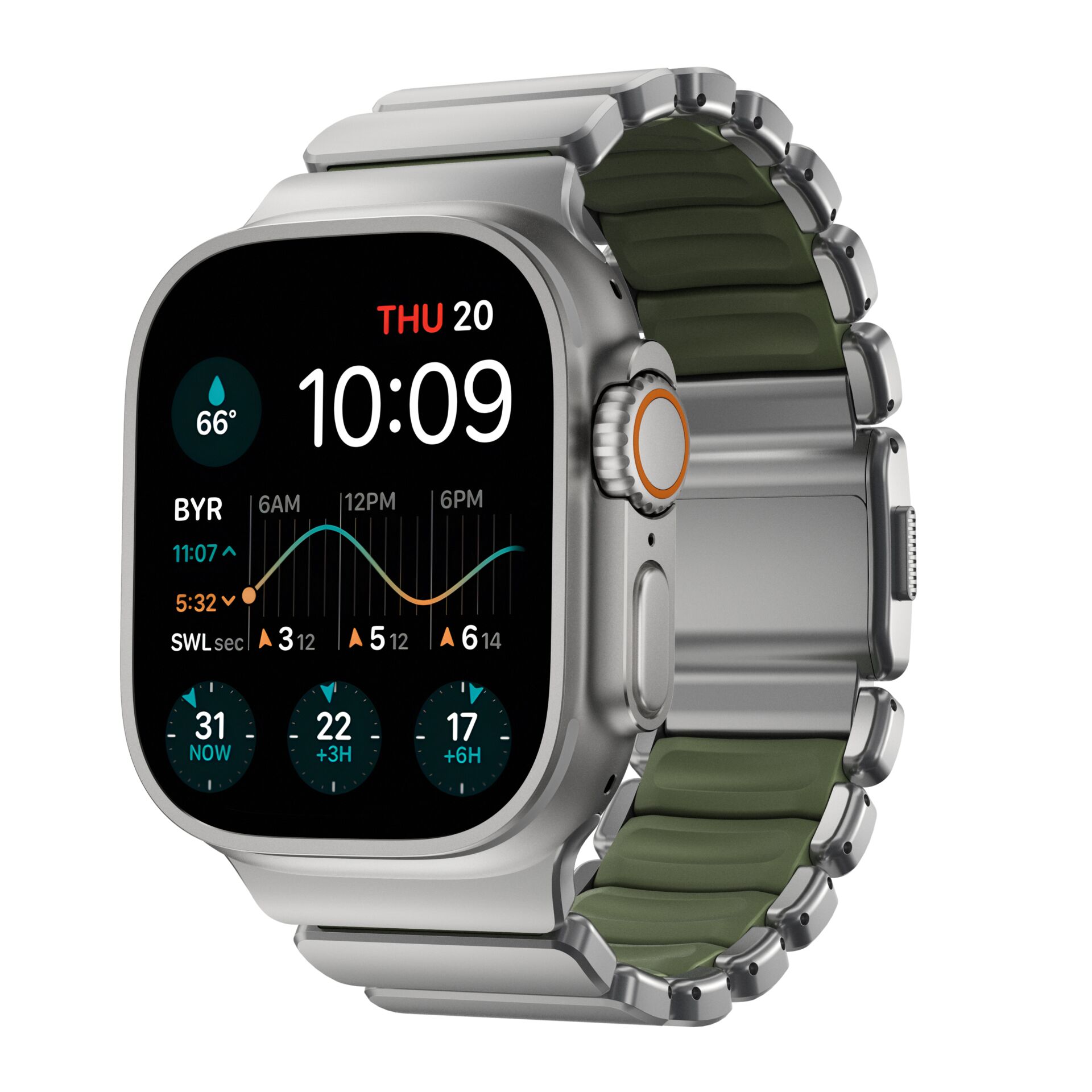 Smartwatch, Metall, Silber, Grüner Armband, Digitalanzeige