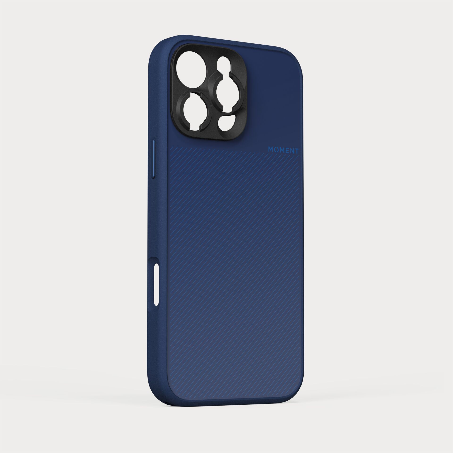 iPhone-Hülle, blaue Hülle, diagonales Muster, Kameraausschnitt, Moment-Marke