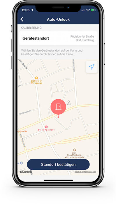 smartphone, app screen, map, location pin, unlock feature
