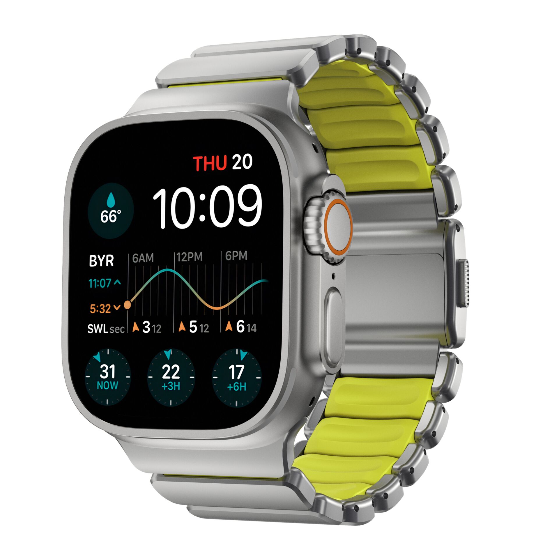 Smartwatch, Digital display, Metal band, Gelb Akzente, Quadratisches Display
