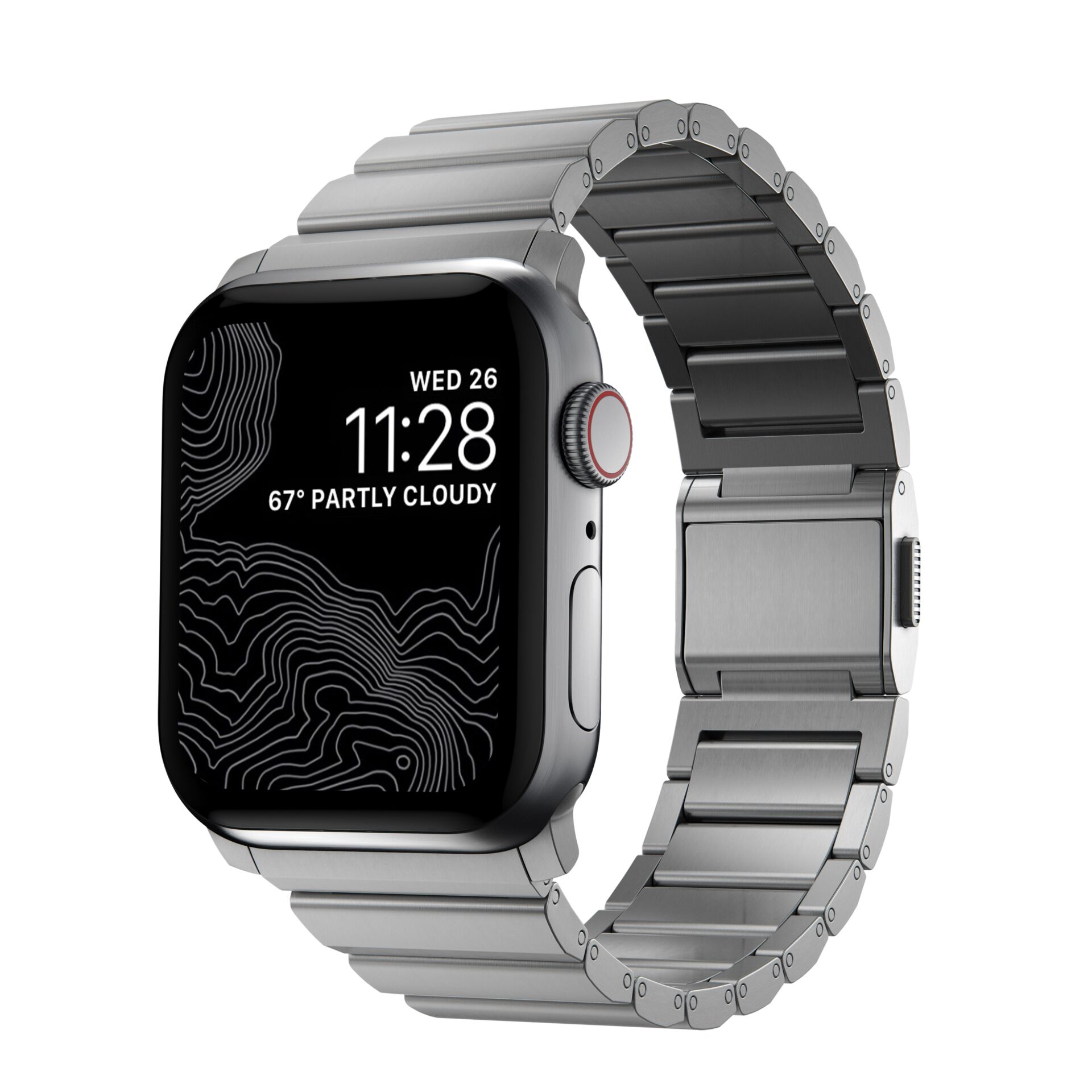 Smartwatch, Edelstahlband, digitales Display, Aluminiumgehäuse, rechteckiges Display